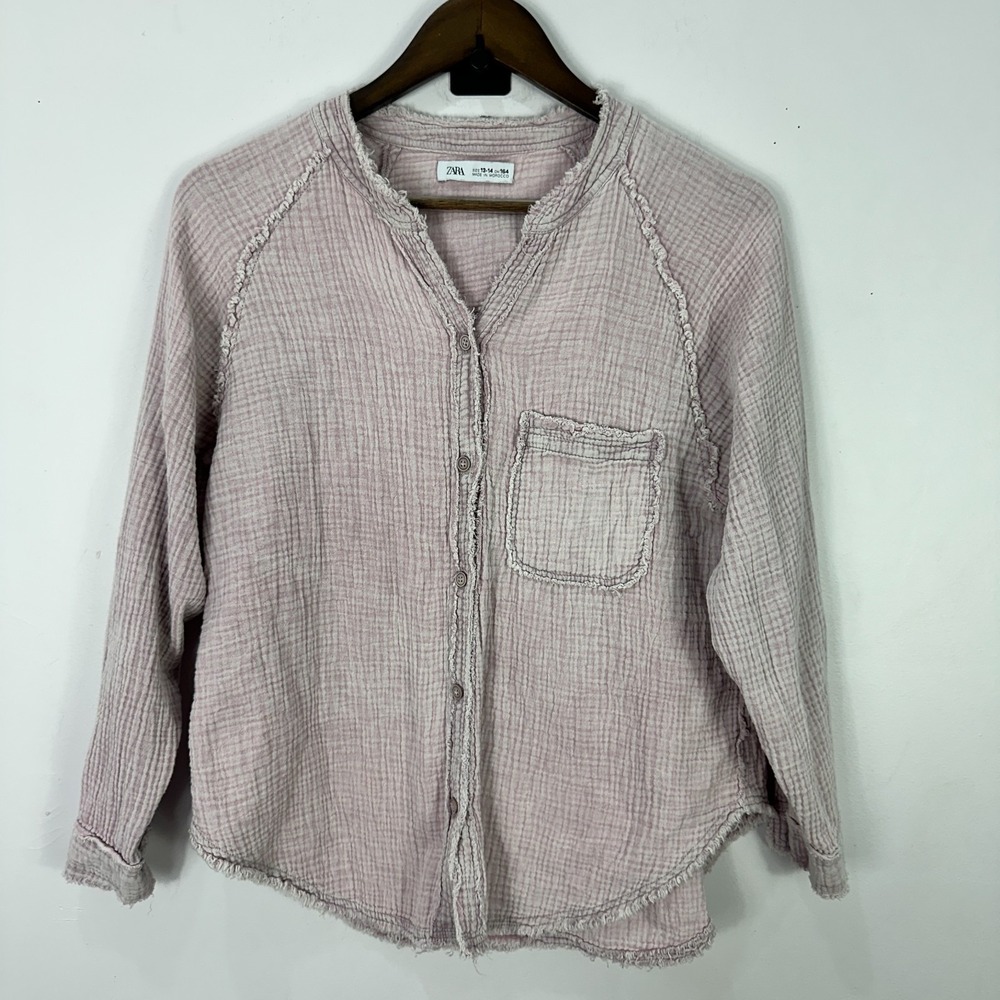 Zara Cotton Gauze Shirt 13-14‎ Pink Button Down Blouse Cottagecore Boho Casual